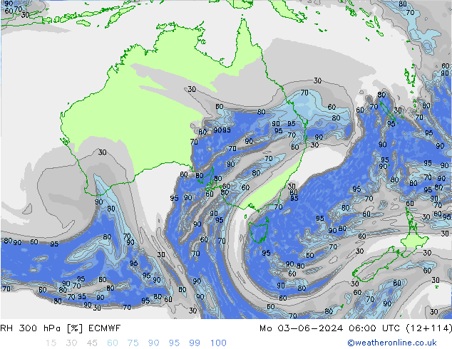 Humidité rel. 300 hPa ECMWF lun 03.06.2024 06 UTC