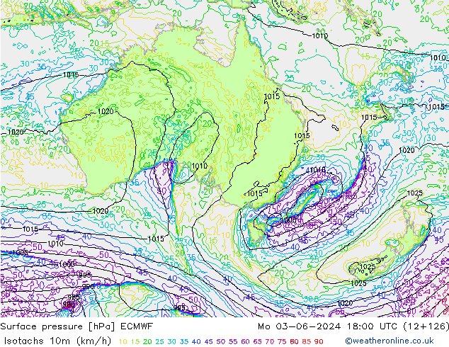 Isotachs (kph) ECMWF lun 03.06.2024 18 UTC