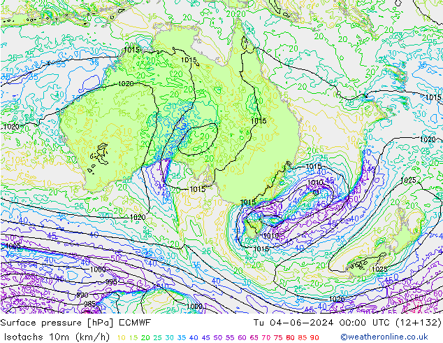 Isotachs (kph) ECMWF Tu 04.06.2024 00 UTC