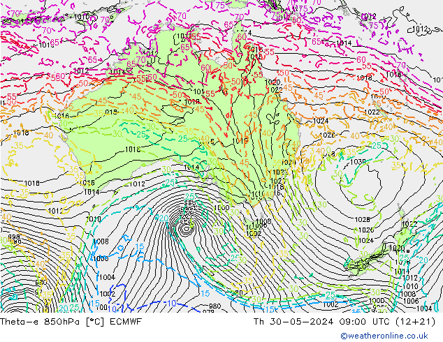 Theta-e 850hPa ECMWF jue 30.05.2024 09 UTC