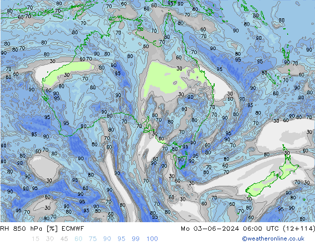 Humidité rel. 850 hPa ECMWF lun 03.06.2024 06 UTC