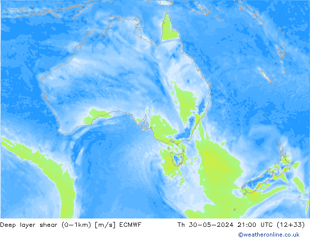 Deep layer shear (0-1km) ECMWF Qui 30.05.2024 21 UTC