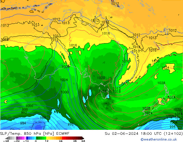 SLP/Temp. 850 гПа ECMWF Вс 02.06.2024 18 UTC