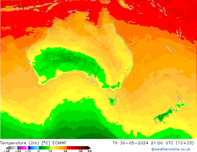 Temperatura (2m) ECMWF Qui 30.05.2024 21 UTC