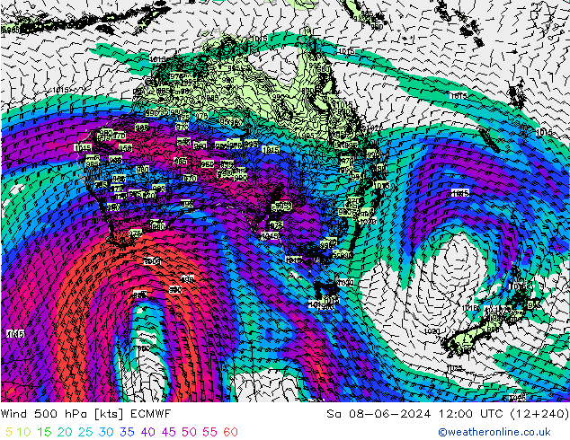 Vento 500 hPa ECMWF Sáb 08.06.2024 12 UTC