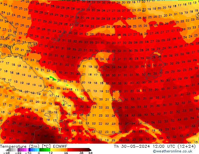 Temperatura (2m) ECMWF jue 30.05.2024 12 UTC