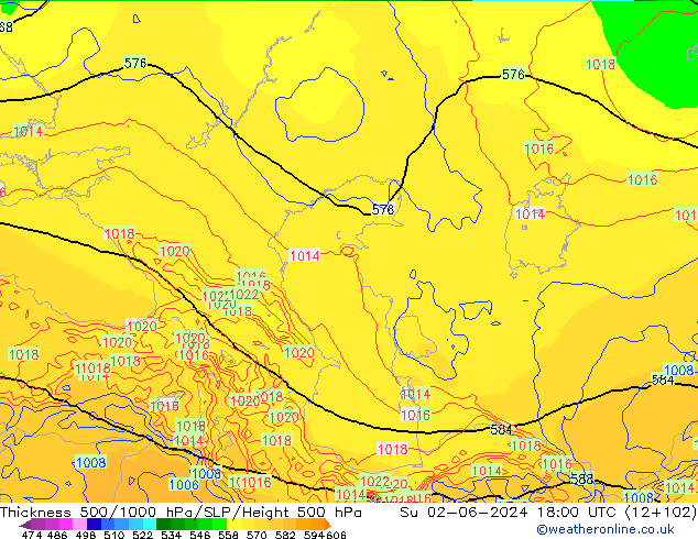 Espesor 500-1000 hPa ECMWF dom 02.06.2024 18 UTC