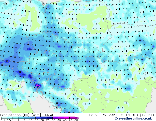 Precipitation (6h) ECMWF Pá 31.05.2024 18 UTC