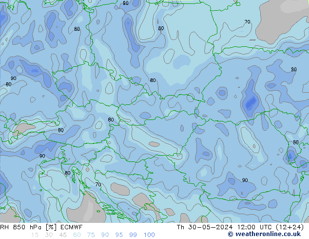 RH 850 hPa ECMWF Čt 30.05.2024 12 UTC