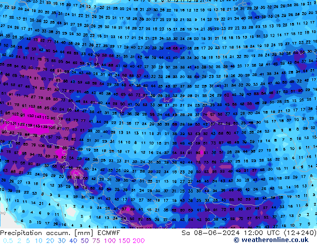 Precipitation accum. ECMWF So 08.06.2024 12 UTC