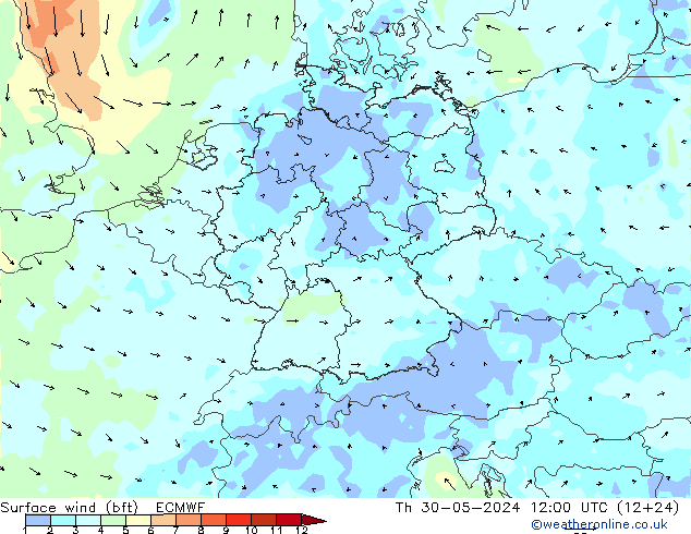 Rüzgar 10 m (bft) ECMWF Per 30.05.2024 12 UTC