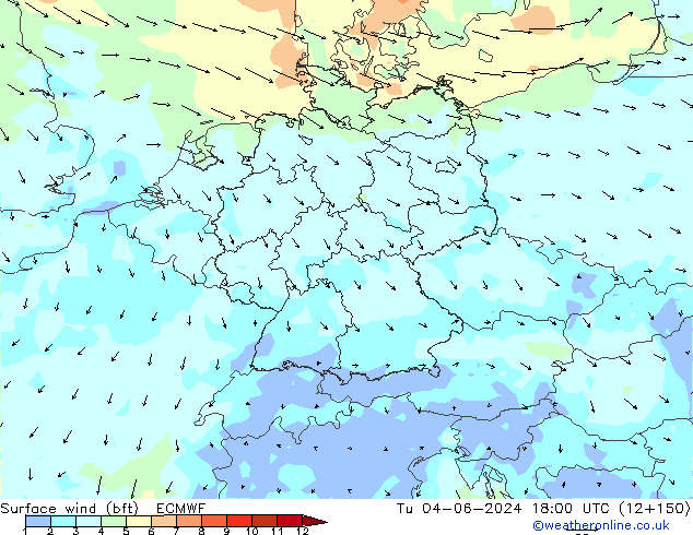 Viento 10 m (bft) ECMWF mar 04.06.2024 18 UTC