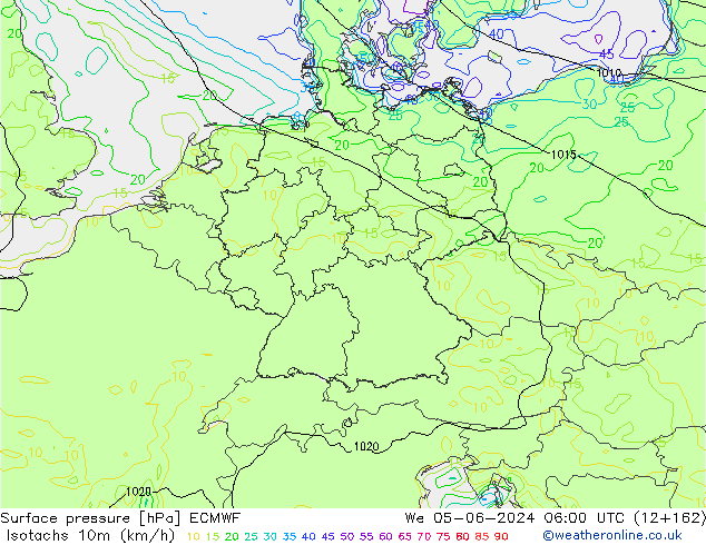 Isotachs (kph) ECMWF Qua 05.06.2024 06 UTC