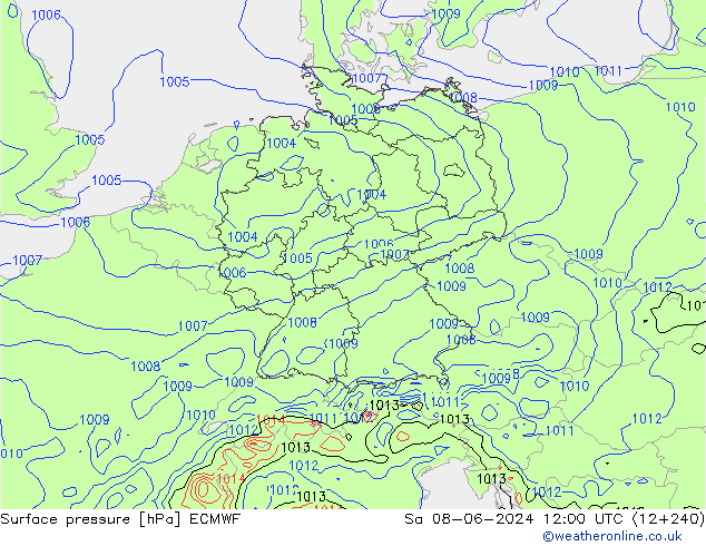 Presión superficial ECMWF sáb 08.06.2024 12 UTC