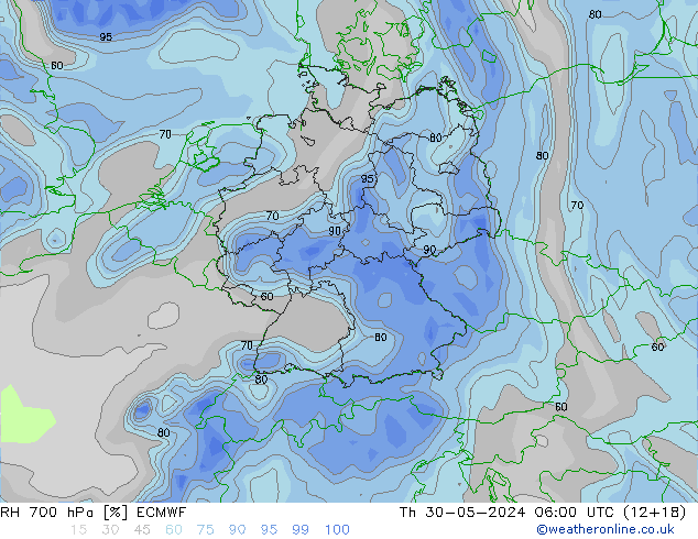 RH 700 hPa ECMWF Čt 30.05.2024 06 UTC