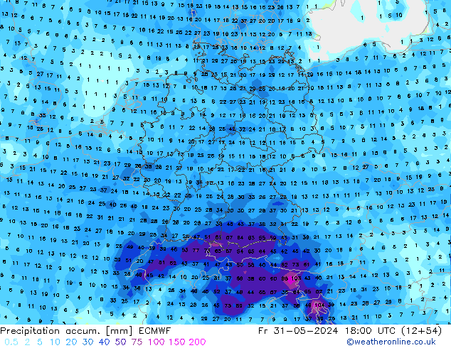 Precipitation accum. ECMWF пт 31.05.2024 18 UTC