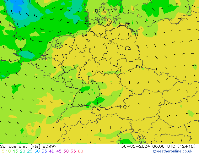 wiatr 10 m ECMWF czw. 30.05.2024 06 UTC