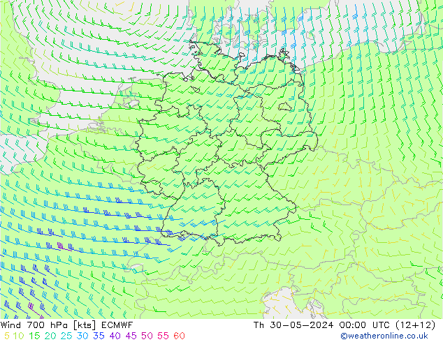 Wind 700 hPa ECMWF Do 30.05.2024 00 UTC