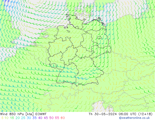 Wind 850 hPa ECMWF Čt 30.05.2024 06 UTC