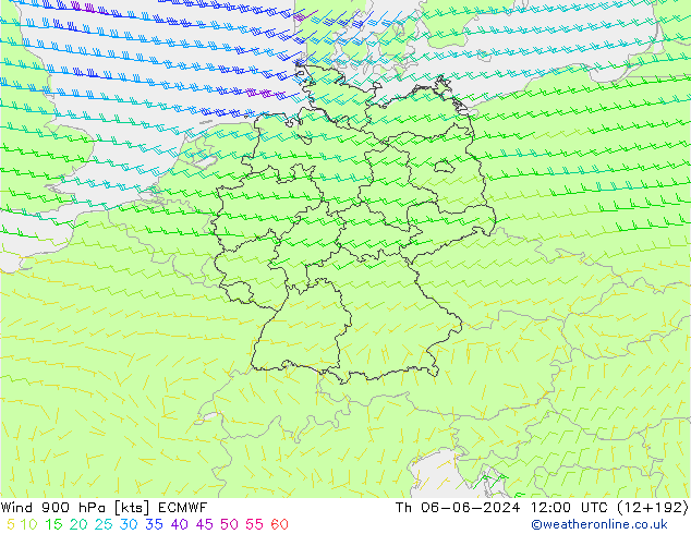 Wind 900 hPa ECMWF Čt 06.06.2024 12 UTC