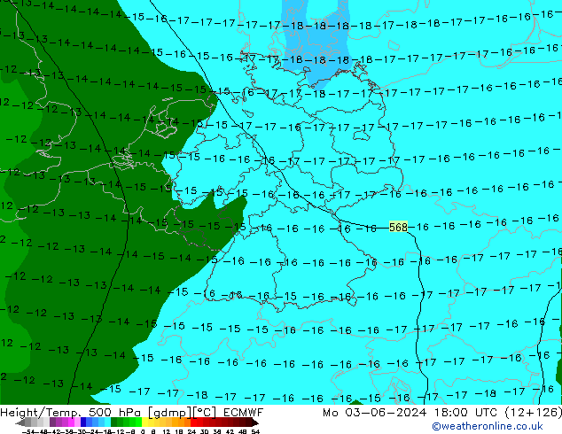 Height/Temp. 500 hPa ECMWF lun 03.06.2024 18 UTC