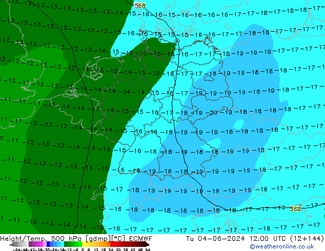 Height/Temp. 500 hPa ECMWF Tu 04.06.2024 12 UTC