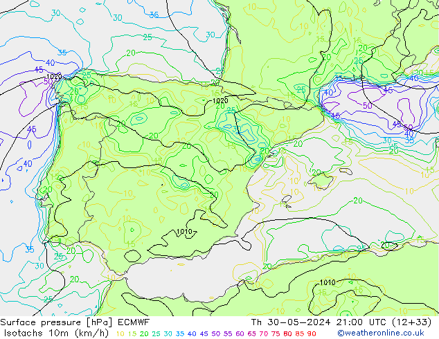 Isotachs (kph) ECMWF Th 30.05.2024 21 UTC