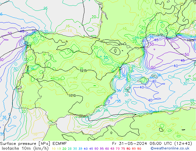 Isotachs (kph) ECMWF Fr 31.05.2024 06 UTC