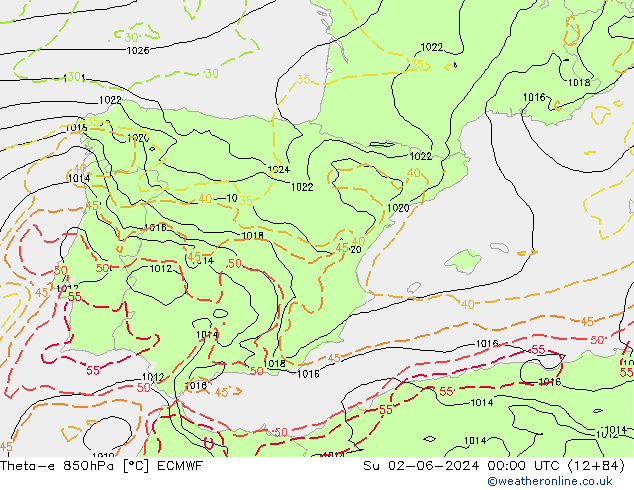 Theta-e 850hPa ECMWF Su 02.06.2024 00 UTC