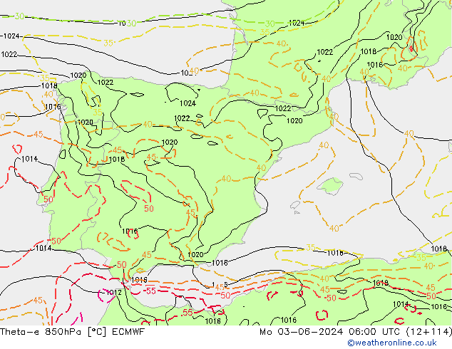 Theta-e 850hPa ECMWF Mo 03.06.2024 06 UTC