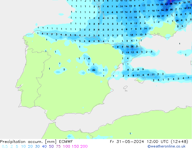 Totale neerslag ECMWF vr 31.05.2024 12 UTC