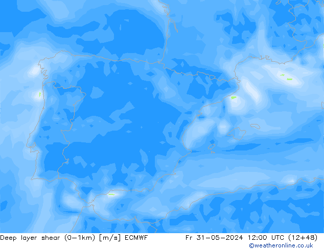 Deep layer shear (0-1km) ECMWF vr 31.05.2024 12 UTC