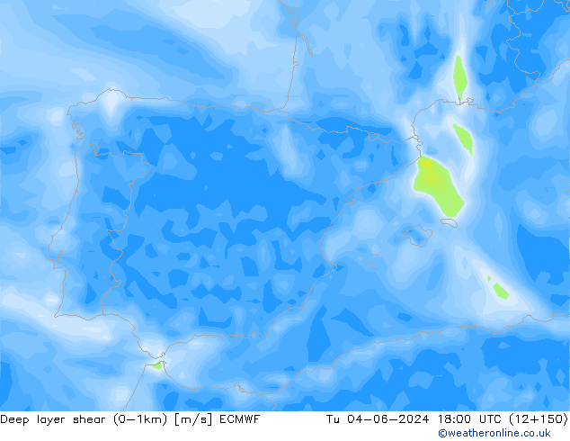 Deep layer shear (0-1km) ECMWF Tu 04.06.2024 18 UTC