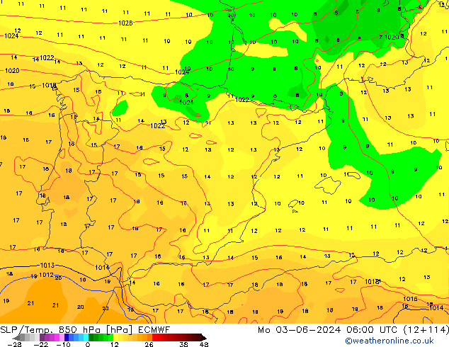 SLP/Temp. 850 hPa ECMWF Mo 03.06.2024 06 UTC