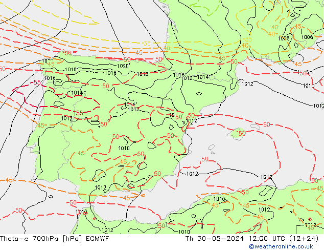 Theta-e 700hPa ECMWF do 30.05.2024 12 UTC