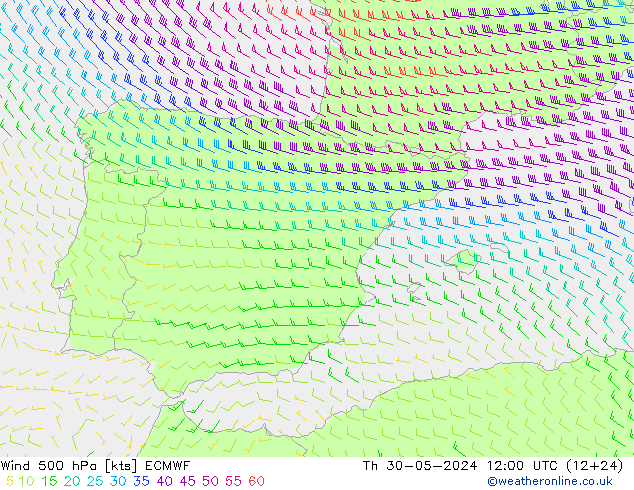 Wind 500 hPa ECMWF do 30.05.2024 12 UTC