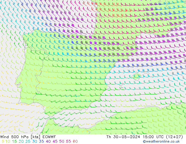 ветер 500 гПа ECMWF чт 30.05.2024 15 UTC
