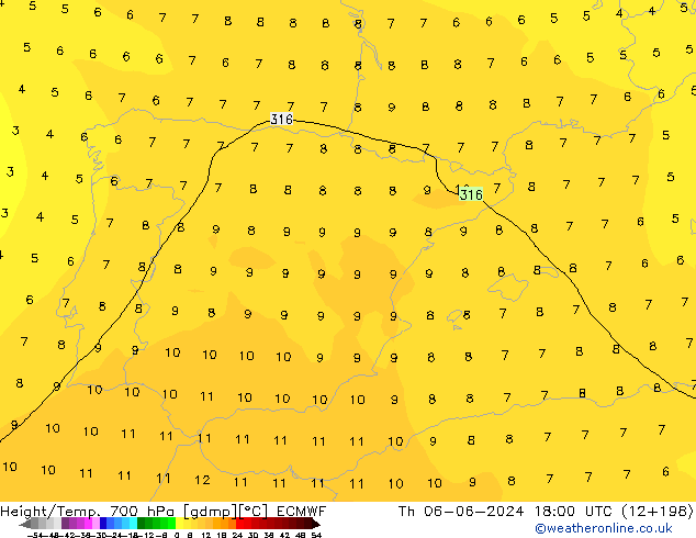 Height/Temp. 700 hPa ECMWF Qui 06.06.2024 18 UTC