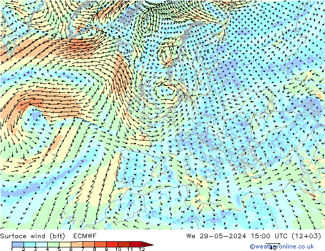 Vento 10 m (bft) ECMWF mer 29.05.2024 15 UTC