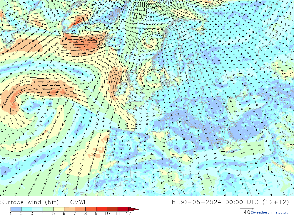 ве�Bе�@ 10 m (bft) ECMWF чт 30.05.2024 00 UTC