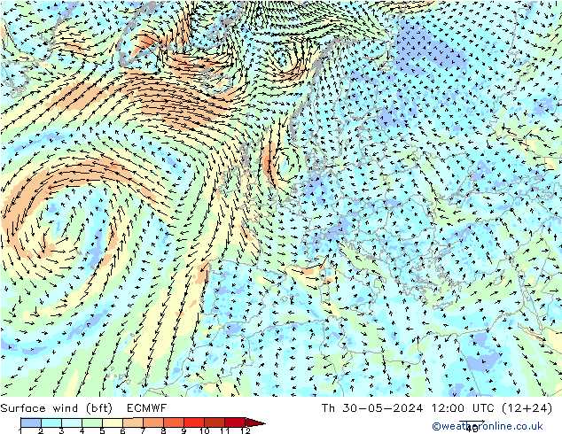 Vento 10 m (bft) ECMWF Qui 30.05.2024 12 UTC