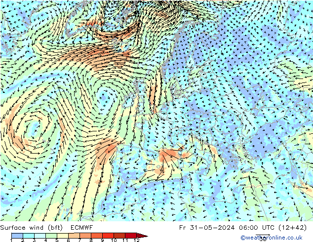 Bodenwind (bft) ECMWF Fr 31.05.2024 06 UTC