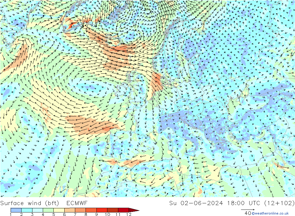 Surface wind (bft) ECMWF Su 02.06.2024 18 UTC