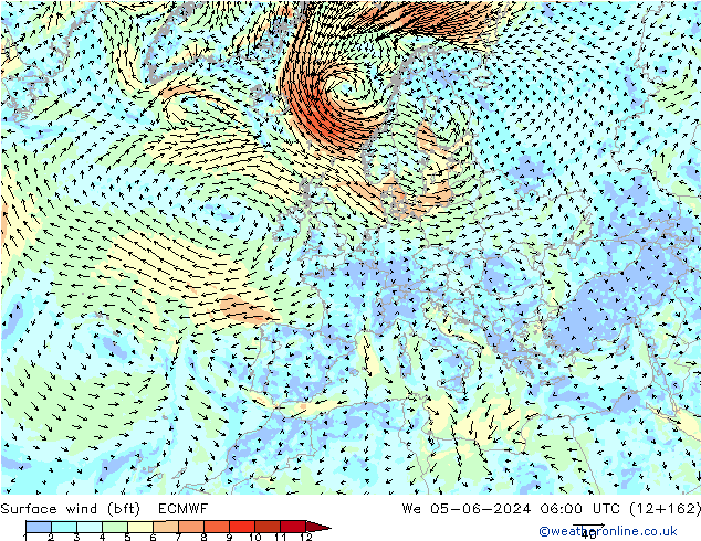 Surface wind (bft) ECMWF We 05.06.2024 06 UTC