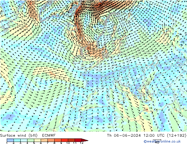 Bodenwind (bft) ECMWF Do 06.06.2024 12 UTC