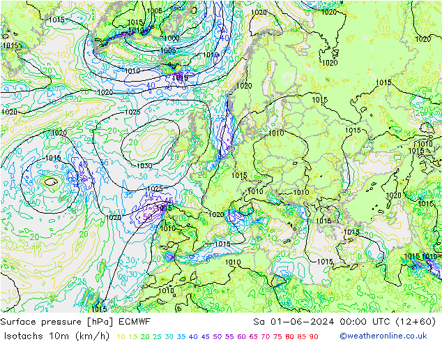 Isotachs (kph) ECMWF  01.06.2024 00 UTC