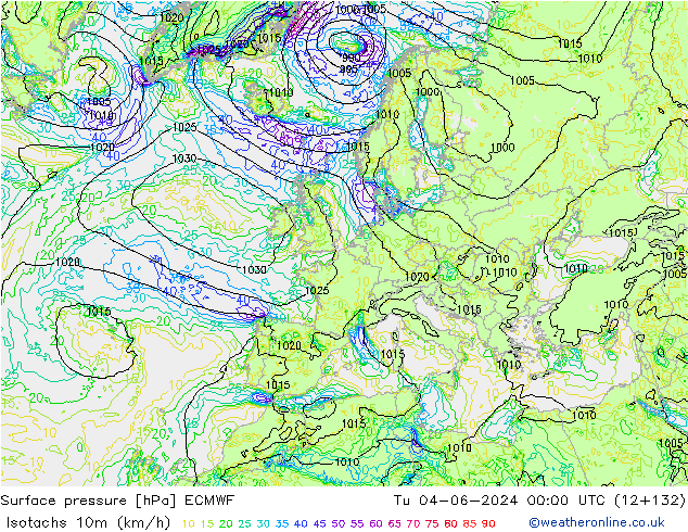 Isotachs (kph) ECMWF вт 04.06.2024 00 UTC