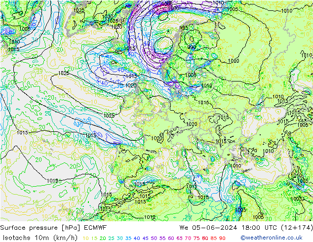 Isotachen (km/h) ECMWF Mi 05.06.2024 18 UTC