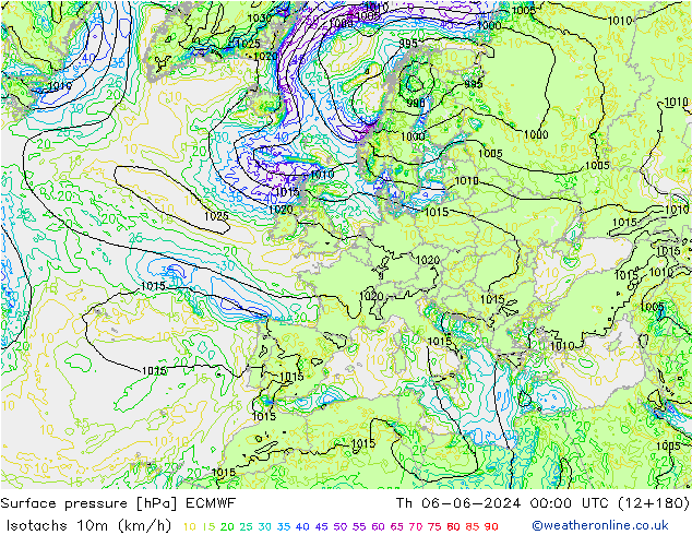 Isotachen (km/h) ECMWF do 06.06.2024 00 UTC