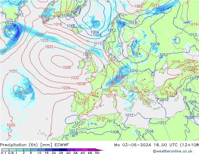 Precipitation (6h) ECMWF Mo 03.06.2024 00 UTC